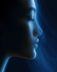 Obraz premium Editorial portrait of human side profile with subtle blue holographic glow and soft digital mist flowing around the face, minimal dark background, futuristic luxury aesthetic