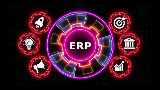 Enterprise resource planning neon animation for corporate business management.