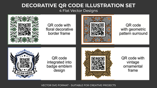 Set of decorative QR code vector illustrations with ornate frames and badge emblems.