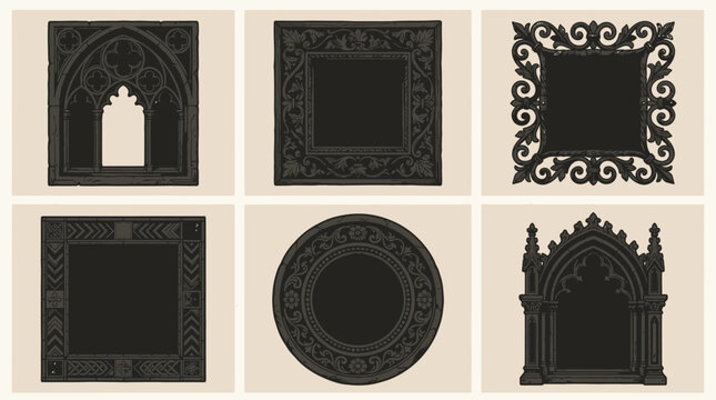 Set of decorative vintage frames and ornate window borders.