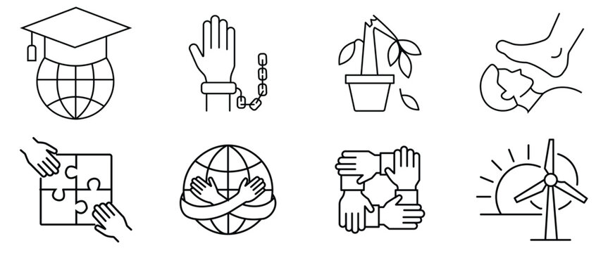 Global education and human rights vector illustration set, graduation cap on globe, chained hand, withered plant, oppression, puzzle pieces.