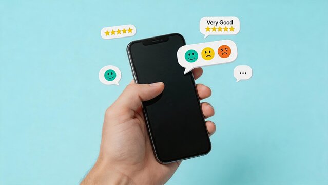 Smartphone with customer feedback rating stars and emoji icons, user experience review concept, mobile app satisfaction survey, social media comment and opinion bubble illustration