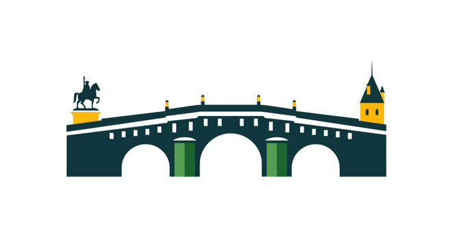 Illustrated historic stone bridge with statues and towers.