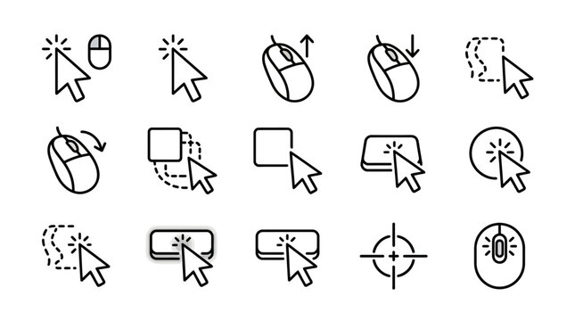 Set of computer mouse and cursor action line icons.
