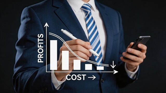 Businessman in suit analyzing declining profit chart on mobile phone illustrating cost reduction strategies and financial performance analysis