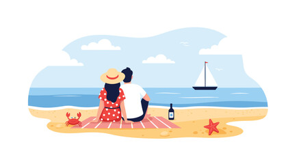 Obraz premium Romantic couple sitting on a blanket on the beach watching a sailboat in the sea during a beautiful summer day at the seaside.