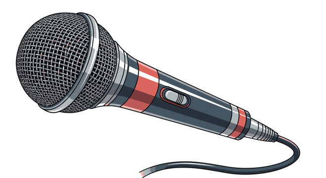 Professional dynamic handheld microphone with a black and red body and a wire for live stage performances or studio recording sessions.
