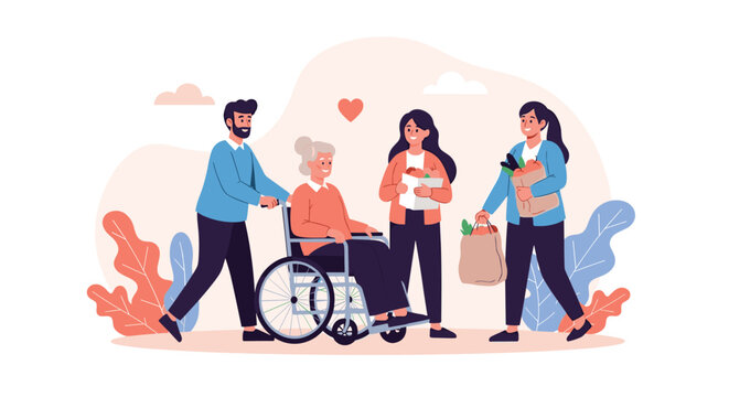 Group of young volunteers helping an elderly woman in a wheelchair by pushing her and bringing bags of fresh groceries for support.