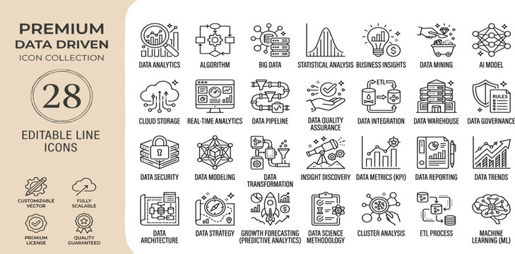 Data Driven icon set. Containing algorithm, big data, analysis, analytics, data mining, machine learning, ai, visualization, database, predictive, and more. Editable stroke. Vector Illustration