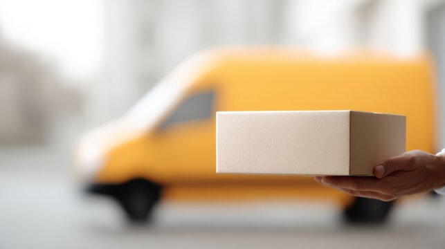 courier handing cardboard package from delivery van fast shipping service concept