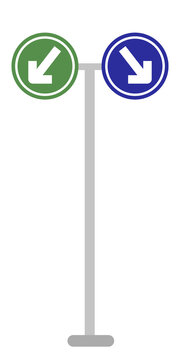Two circular traffic signs with green and blue backgrounds showing direction arrows