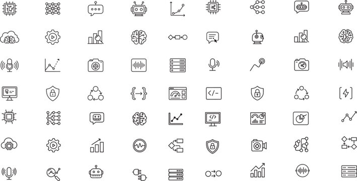 Collection of technology icons including robots graphs cameras and microphones on white background