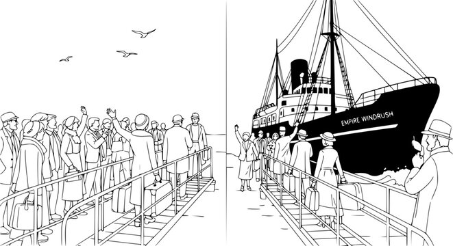 People boarding ship Empire Windrush, illustration of migration and historical journey