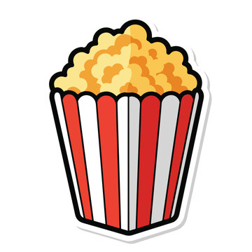 A colorful cartoon sticker of a classic bucket of buttery popcorn for cinema.