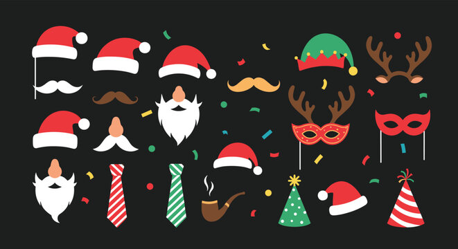Christmas party photo booth props including santa hats beards reindeer antlers and festive masks on a black background.