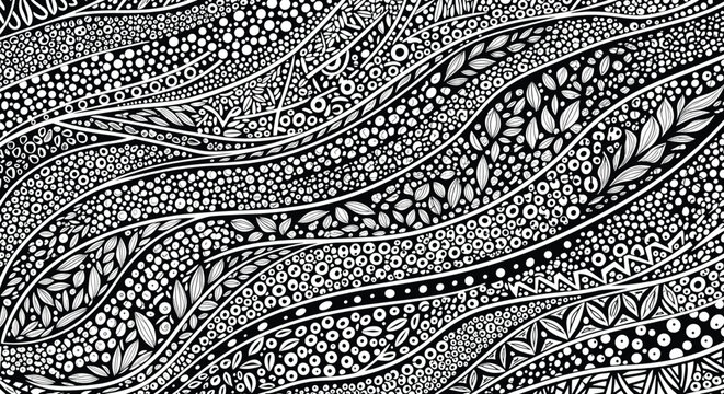 Highly detailed black and white hand-drawn abstract pattern featuring leaves dots circles and organic flowing lines.