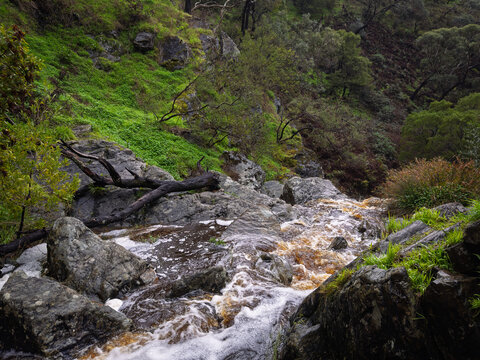 Ingalalla Falls waterfall in Hay Flat on the Fleurieu Peninsula, South Australia during high winter flow