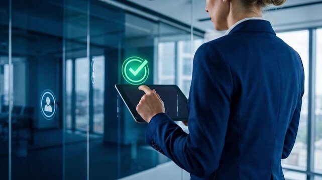 Businesswoman in suit uses tablet for recruitment and candidate selection. Hiring manager approves qualified applicant profile with checkmark verification. Modern hr technology for talent screening