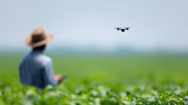 farmer monitoring organic crops using drone smart agriculture sustainable farming concept