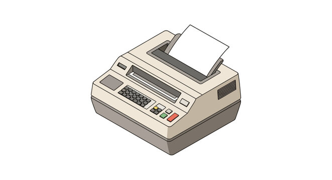 Vintage electronic fax machine with paper loaded.