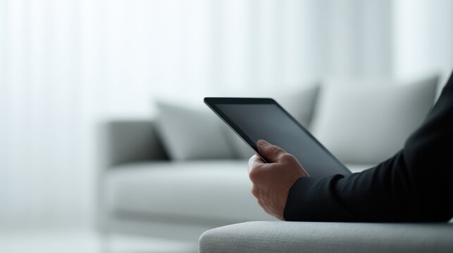 man controlling smart home temperature system using tablet in contemporary living room
