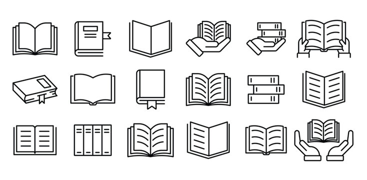Minimalist book line icons set, 18 education and reading vector symbols, modern library and literature outline graphics for web and app design