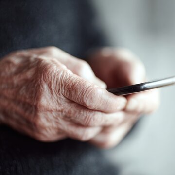 close up wrinkled elderly hands holding smartphone symbolizing digital inclusion and aging technology users