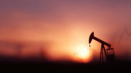Naklejka premium oil pumpjack silhouette at sunset with stock market chart energy price concept