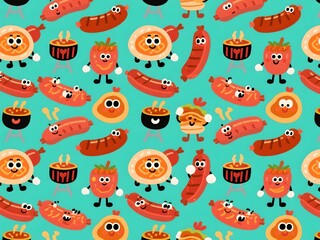 Obraz premium Roasted Sausage Cartoon Seamless Pattern with Cute BBQ Food Elements
