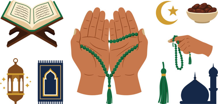 Islamic Prayer and Ramadan Holy Symbols Vector Illustration Set with Praying Hands Quran Book Tasbih Beads Lantern and Mosque Silhouette Elements