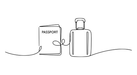 Obraz premium Minimalist continuous line drawing of passport and suitcase for travel and adventure