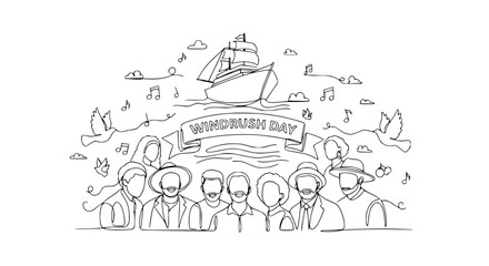 Naklejka premium Windrush Day Illustration: Diverse People, Sailing Ship, Celebration, Heritage, Migration