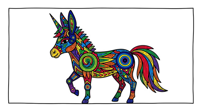 Colorful Abstract Unicorn Illustration with Intricate Patterns and Rainbow Mane