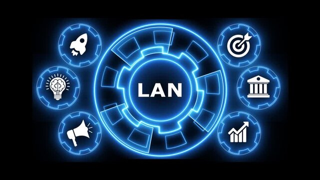 Local area network lan with business icons on black background digital animation.