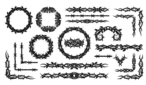 Black tribal thorn and barbed wire border vector set with crown of thorns