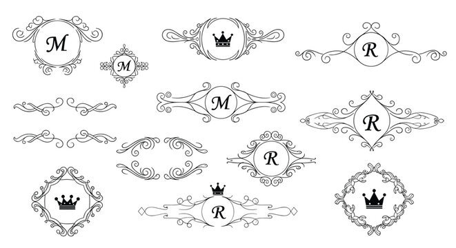 Elegant vintage monogram frames and decorative dividers with crown icons and ornate floral swirls in black and white.