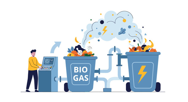 Concept of biogas production and renewable energy showing a worker monitoring waste conversion into electricity through large industrial bins.