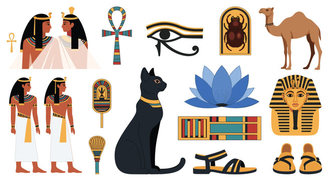 Collection of Ancient Egyptian symbols and artifacts including pharaohs, cats, lotus, ankh, and the eye of Horus for history and education.