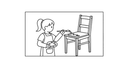 Fototapeta premium Child painting a chair with a brush and palette, creative hobby, home decor project