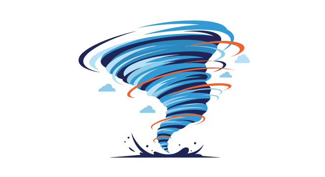 Powerful blue and white tornado whirlwind with circular wind paths and small clouds representing a natural disaster and storm warning.