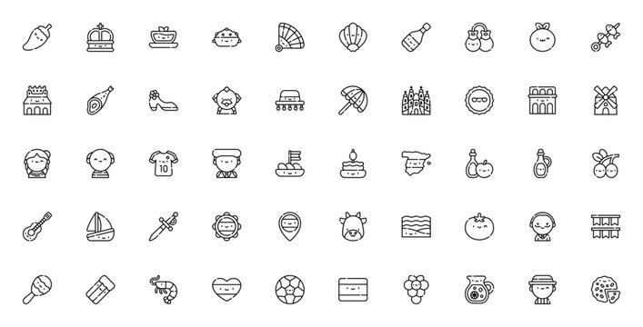 Spain icon set. Spanish culture vector icons pack. Minimalist line art collection. Includes symbols for paella, bullfighter, flamenco, guitar, sangria, sun, Sagrada Familia, windmill, olives, tapas, c
