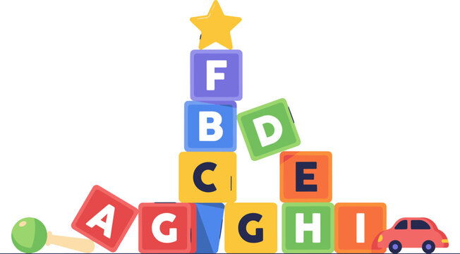 Colorful Children Alphabet Building Blocks Stack Flat Vector Illustration Featuring Letter Cubes Toy Car and Rattle on Gray Background