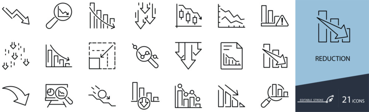 Reduction line icon set, 21 icons of financial loss and economic decline, business crisis and market crash symbols, decreasing bar charts and downward arrows