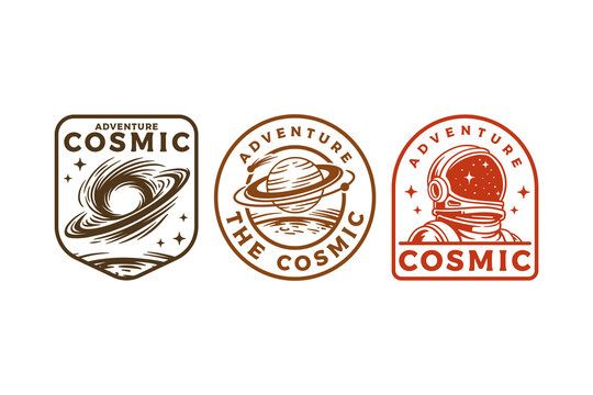 Ringed planet, Astronaut helmet, Outer space retro badge logo set for outdoors. Cosmic adventure vintage patch symbol pack for adventure. space exploration rustic emblem elements for planetary scenery