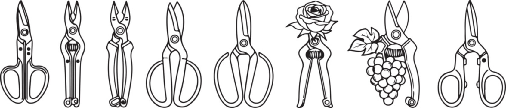 set of Assorted vintage style scissors and pruning shears illustration