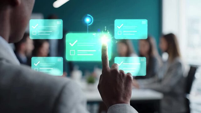 Businessman touching virtual checklist interface during corporate meeting. Digital task management and quality compliance audit with checkbox approval. Project planning, workflow productivity