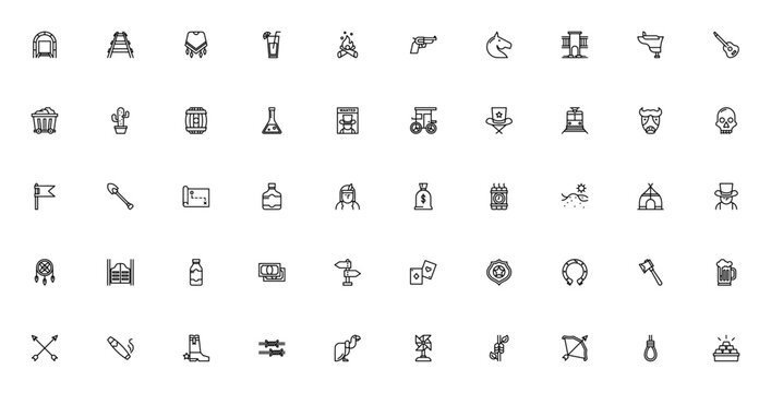 Western icon set. Minimal vector icons pack. Featuring cowboy, cactus, horse, train, gun, hat, boots, whiskey, saloon, desert, tepee, bison, skull, flag, map, and more. Editable vector stroke.