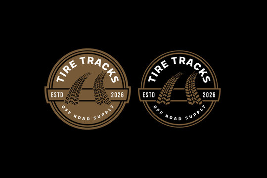 Off road tire tracks retro badge logo design set for automotive. Wheel tracks vintage patch symbol pack for adventure. Vehicle tracks rustic emblem element designs for exploration. Tire tread trail