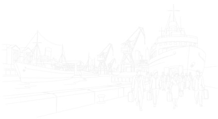 Fototapeta premium Sketch of a busy harbor with ships, cranes, and people walking