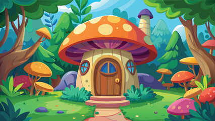 Obraz premium Whimsical mushroom house nestled in a vibrant forest during daytime with colorful flora and fauna